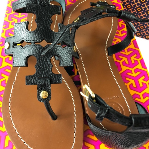 Tory Burch Phoebe Flat Thong Sandals Black Logo - Picture 7 of 8